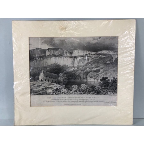 224 - Pictures, 3 etchings of local interest being a view of the Landslip at Lyme Regis 1840, Ruins after ... 