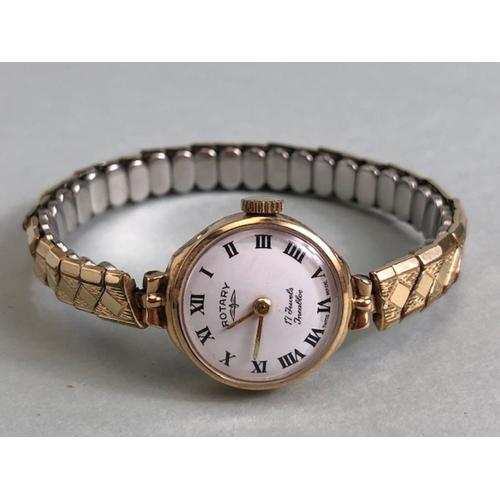 23 - 9ct Gold cased wristwatch by Rotary, 17 Jewels with INCABLOC movement, white dial and Roman numerals