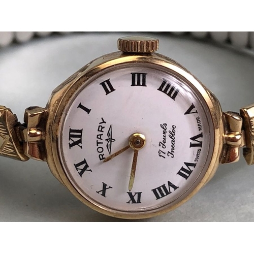 23 - 9ct Gold cased wristwatch by Rotary, 17 Jewels with INCABLOC movement, white dial and Roman numerals