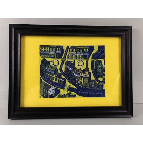 232 - Sir Grayson Perry, art work  Gentrification printed on cloth in modern frame  (fabric approximately ... 