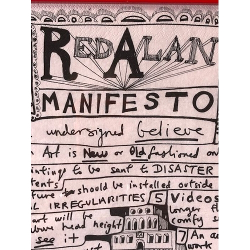 233 - Sir Grayson Perry,  art work  Red Alan Manifesto  printed on paper napkin, in modern frame ( art wor... 