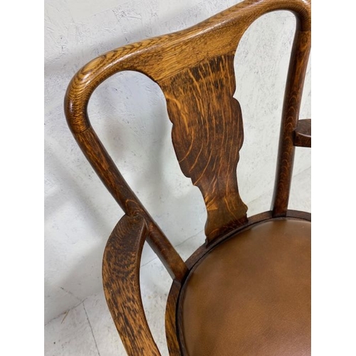 238 - Antique Chair, 19th century Oak arm chair with half round seat and reversable seat pad, one side lea... 