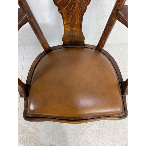 238 - Antique Chair, 19th century Oak arm chair with half round seat and reversable seat pad, one side lea... 