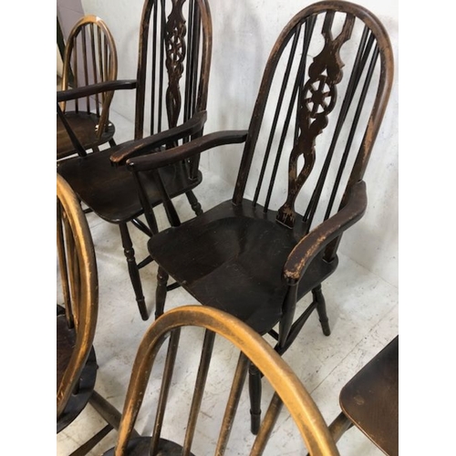 242 - Six stick back Ercol dining chairs, and two wheel back carver chairs