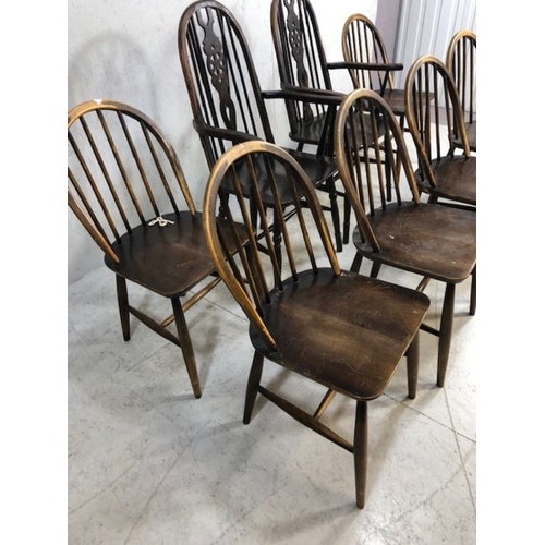 242 - Six stick back Ercol dining chairs, and two wheel back carver chairs