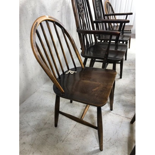 242 - Six stick back Ercol dining chairs, and two wheel back carver chairs