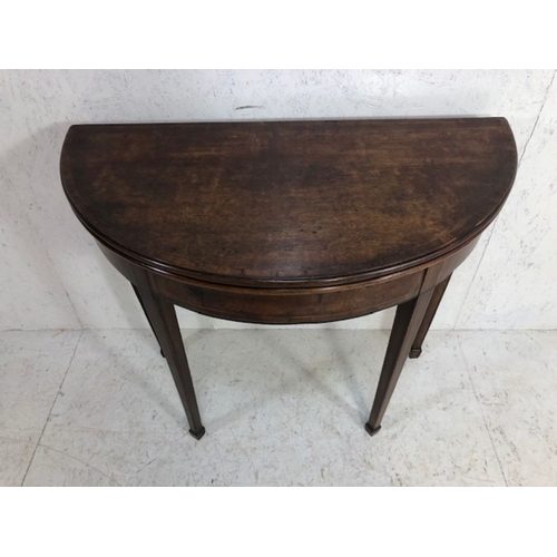 244 - Antique furniture, Half moon side table on tapered legs opening to make a round card table, the top ... 