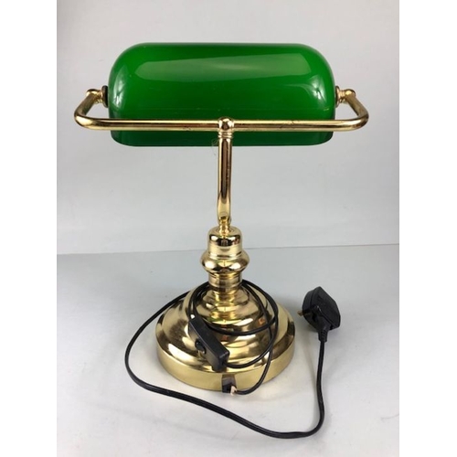 249 - Desk lamp, 20th century Clarks desk lamp, yellow metal base with green glass shade.