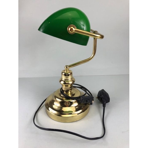 249 - Desk lamp, 20th century Clarks desk lamp, yellow metal base with green glass shade.