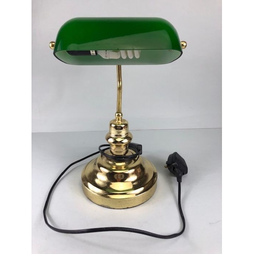 249 - Desk lamp, 20th century Clarks desk lamp, yellow metal base with green glass shade.