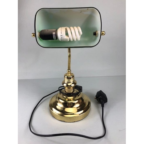 249 - Desk lamp, 20th century Clarks desk lamp, yellow metal base with green glass shade.