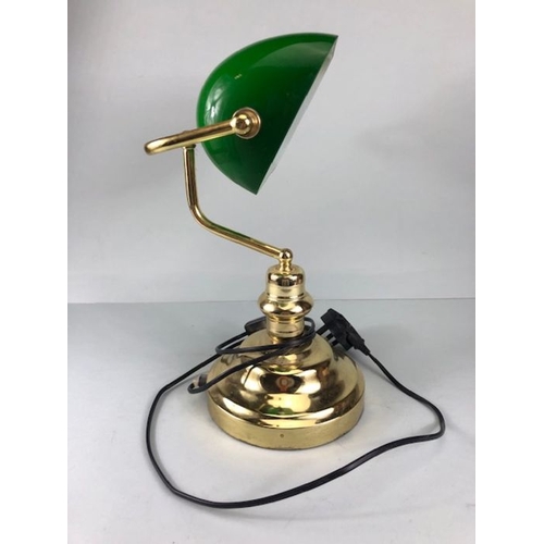 249 - Desk lamp, 20th century Clarks desk lamp, yellow metal base with green glass shade.