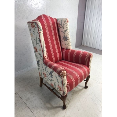 251 - Antique wing back Chair,  Wing Back arm chair with cabriolet front legs and turned stretchers reupho... 