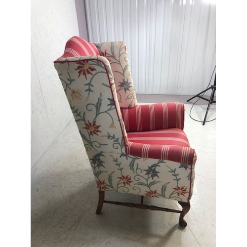 251 - Antique wing back Chair,  Wing Back arm chair with cabriolet front legs and turned stretchers reupho... 