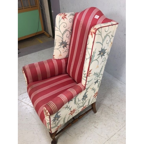 251 - Antique wing back Chair,  Wing Back arm chair with cabriolet front legs and turned stretchers reupho... 