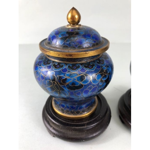 252 - Chinese cloisonne, a pair of  cloisonne cobalt blue urn vases with lids on wooden stands approximate... 