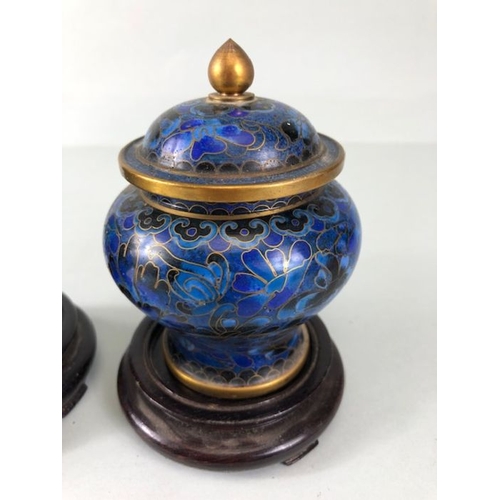 252 - Chinese cloisonne, a pair of  cloisonne cobalt blue urn vases with lids on wooden stands approximate... 