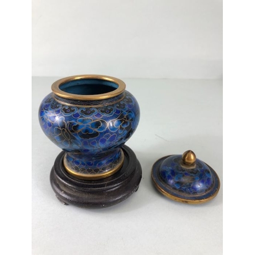 252 - Chinese cloisonne, a pair of  cloisonne cobalt blue urn vases with lids on wooden stands approximate... 