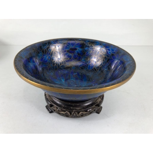 255 - Chinese Cloisonne, 2 Cobalt blue Cloisonne Enamel bowls on wooden stands, the larger approximately 2... 