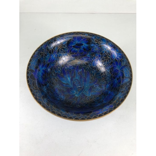 255 - Chinese Cloisonne, 2 Cobalt blue Cloisonne Enamel bowls on wooden stands, the larger approximately 2... 