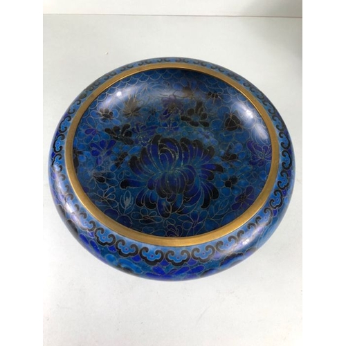 255 - Chinese Cloisonne, 2 Cobalt blue Cloisonne Enamel bowls on wooden stands, the larger approximately 2... 