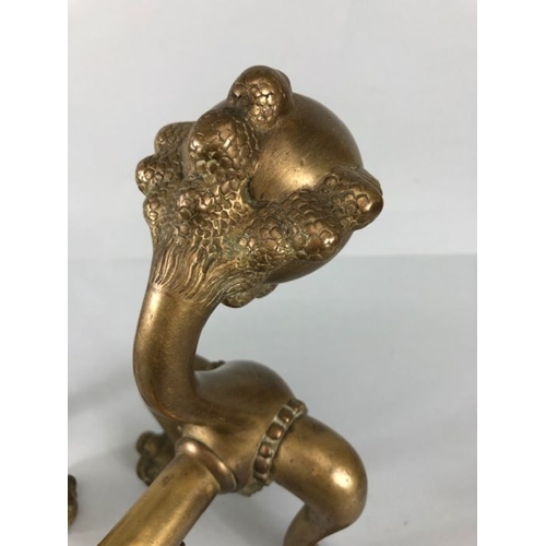 257 - Brass fire dogs, a pair of Ball and Claw fire dogs on 3 claw and ball feet approximately 27cm high