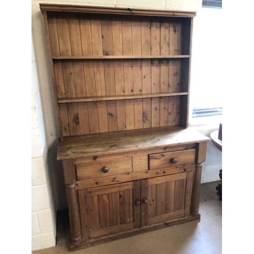 269 - Pine dresser with shelves over, two drawers and cupboard under, approx 126cm x 49cm x 190cm tall