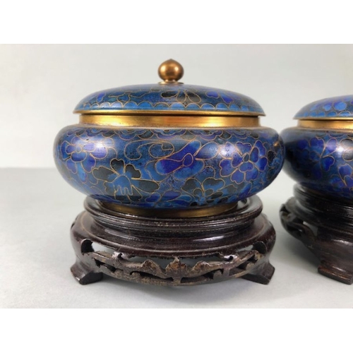 274 - Chinese Cloisonne, a pair of Chinese Cobalt Blue Cloisonne covered dishes on wooden stands approxima... 