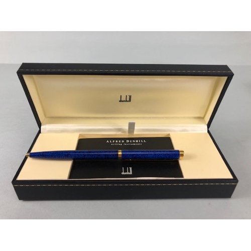 275 - Dunhill Pen , Blue stardust slim line  ball point pen with gilt mounts in box and slip case with boo... 