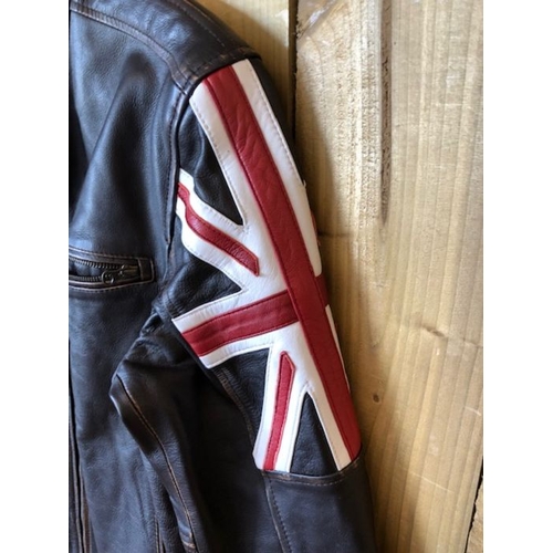 311 - Vintage Clothing , 1 leather biker style jacket with union flag design on shoulders, labelled size l... 