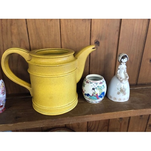 313 - miscellaneous china, a quantity of ceramic items to include, salt glazed pot, candle sticks, a bell ... 