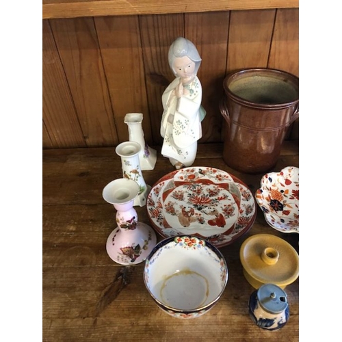 313 - miscellaneous china, a quantity of ceramic items to include, salt glazed pot, candle sticks, a bell ... 