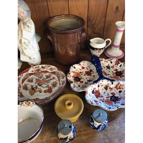 313 - miscellaneous china, a quantity of ceramic items to include, salt glazed pot, candle sticks, a bell ... 