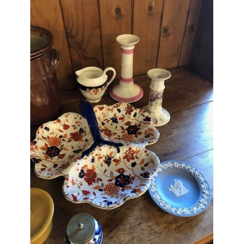 313 - miscellaneous china, a quantity of ceramic items to include, salt glazed pot, candle sticks, a bell ... 