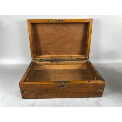 318 - Antique boxes, 3 wooden boxes, one campaign style with brass fittings, a writing box with ink well, ... 