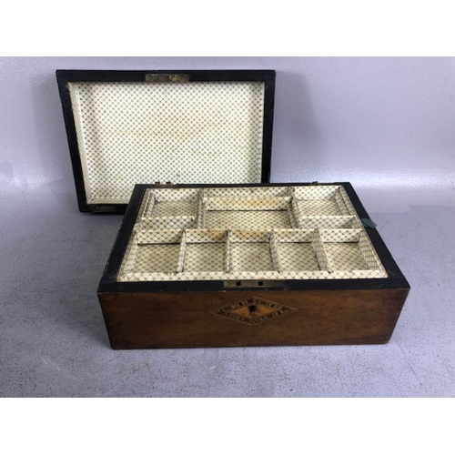 318 - Antique boxes, 3 wooden boxes, one campaign style with brass fittings, a writing box with ink well, ... 