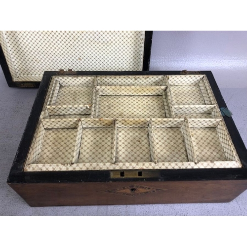 318 - Antique boxes, 3 wooden boxes, one campaign style with brass fittings, a writing box with ink well, ... 