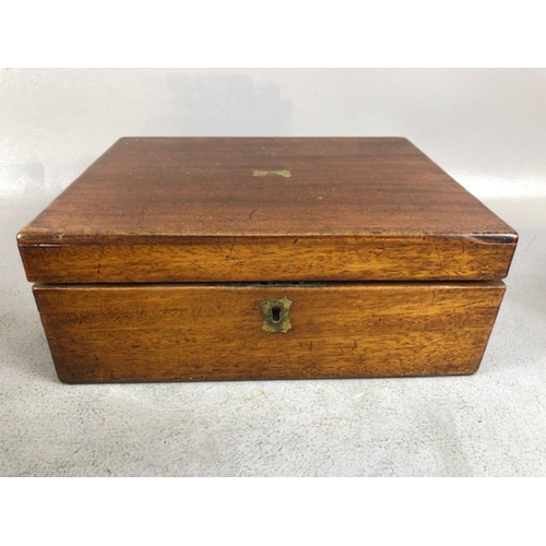 318 - Antique boxes, 3 wooden boxes, one campaign style with brass fittings, a writing box with ink well, ... 