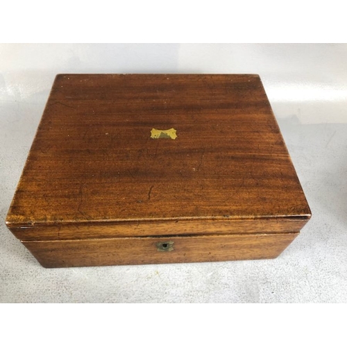 318 - Antique boxes, 3 wooden boxes, one campaign style with brass fittings, a writing box with ink well, ... 