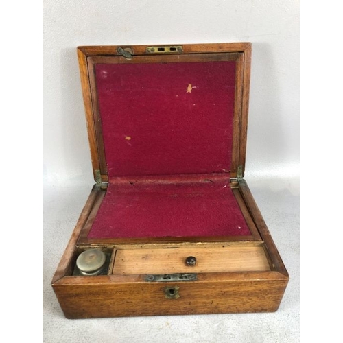 318 - Antique boxes, 3 wooden boxes, one campaign style with brass fittings, a writing box with ink well, ... 