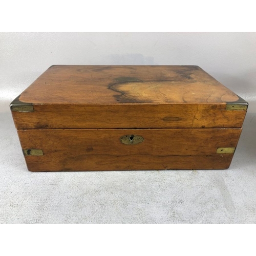 318 - Antique boxes, 3 wooden boxes, one campaign style with brass fittings, a writing box with ink well, ... 