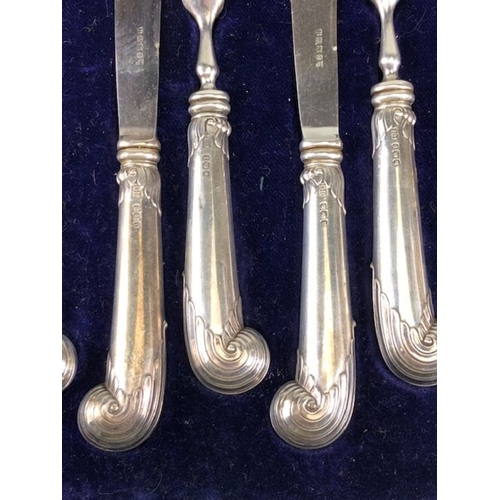 32 - Fully hallmarked twelve piece Silver handled (EPNS blades) fruit knife and forks by makers Harrison ... 