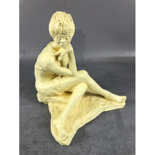 320 - Art sculpture interest, two clay maquette statues of women siting on the floor  one with a bronze pa... 