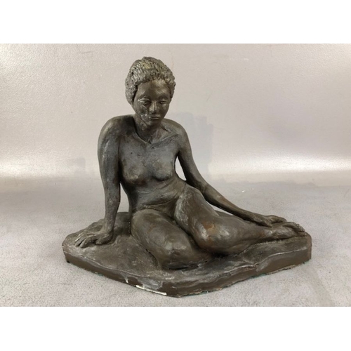 320 - Art sculpture interest, two clay maquette statues of women siting on the floor  one with a bronze pa... 