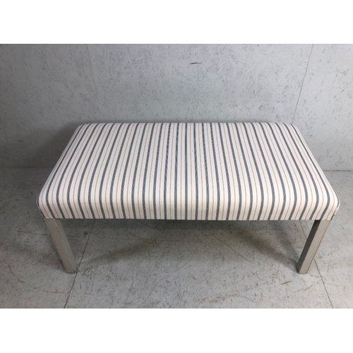 355 - Modern Ottoman seat, upholstered in ticking style fabric on painted legs approximately 120cm x 60cm ... 