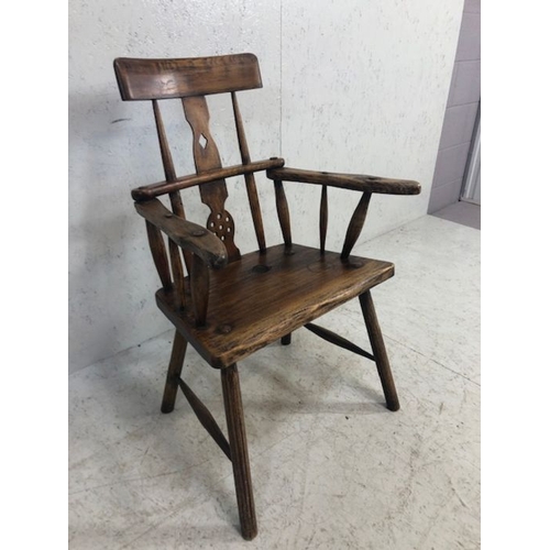 357 - Antique rustic armchair with turned stick back and pierced splat, possibly Irish