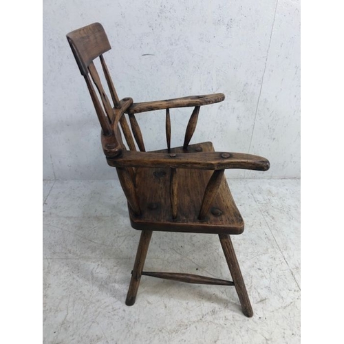 357 - Antique rustic armchair with turned stick back and pierced splat, possibly Irish