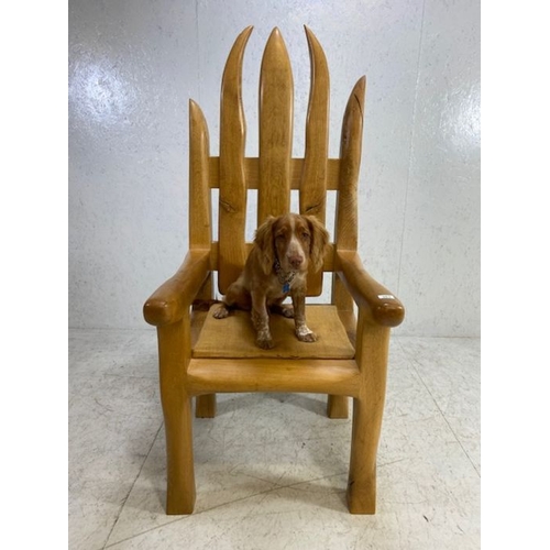 363 - Large heavy Gothic wooden throne chair with padded seat, approx 66cm x 72cm x 155cm tall