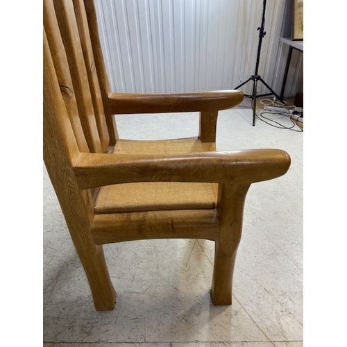 363 - Large heavy Gothic wooden throne chair with padded seat, approx 66cm x 72cm x 155cm tall