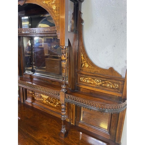 385 - Ornate Edwardian heavily inlaid sideboard or credenza with carved pierced galleries, bevel edged mir... 